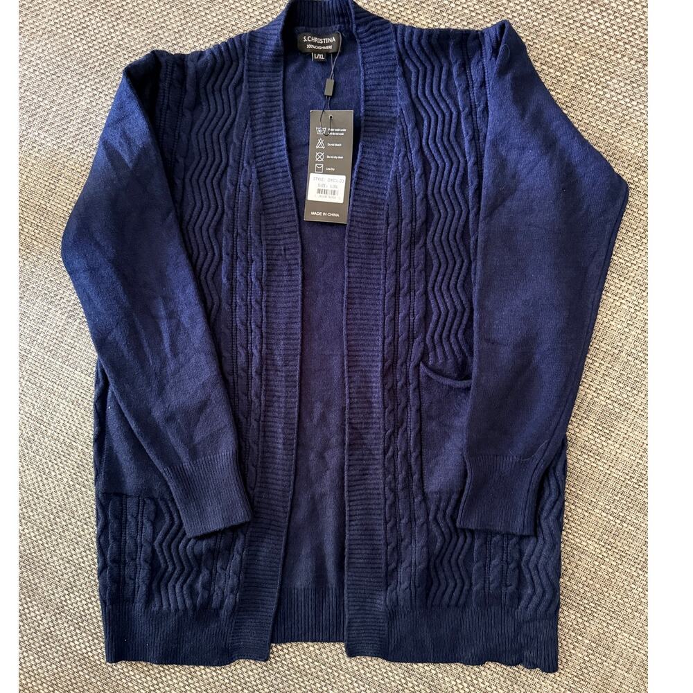 S. CHRISTINA NWT 100% Cashmere Cableknit Open Cardigan Sweater Nautical  L/XL